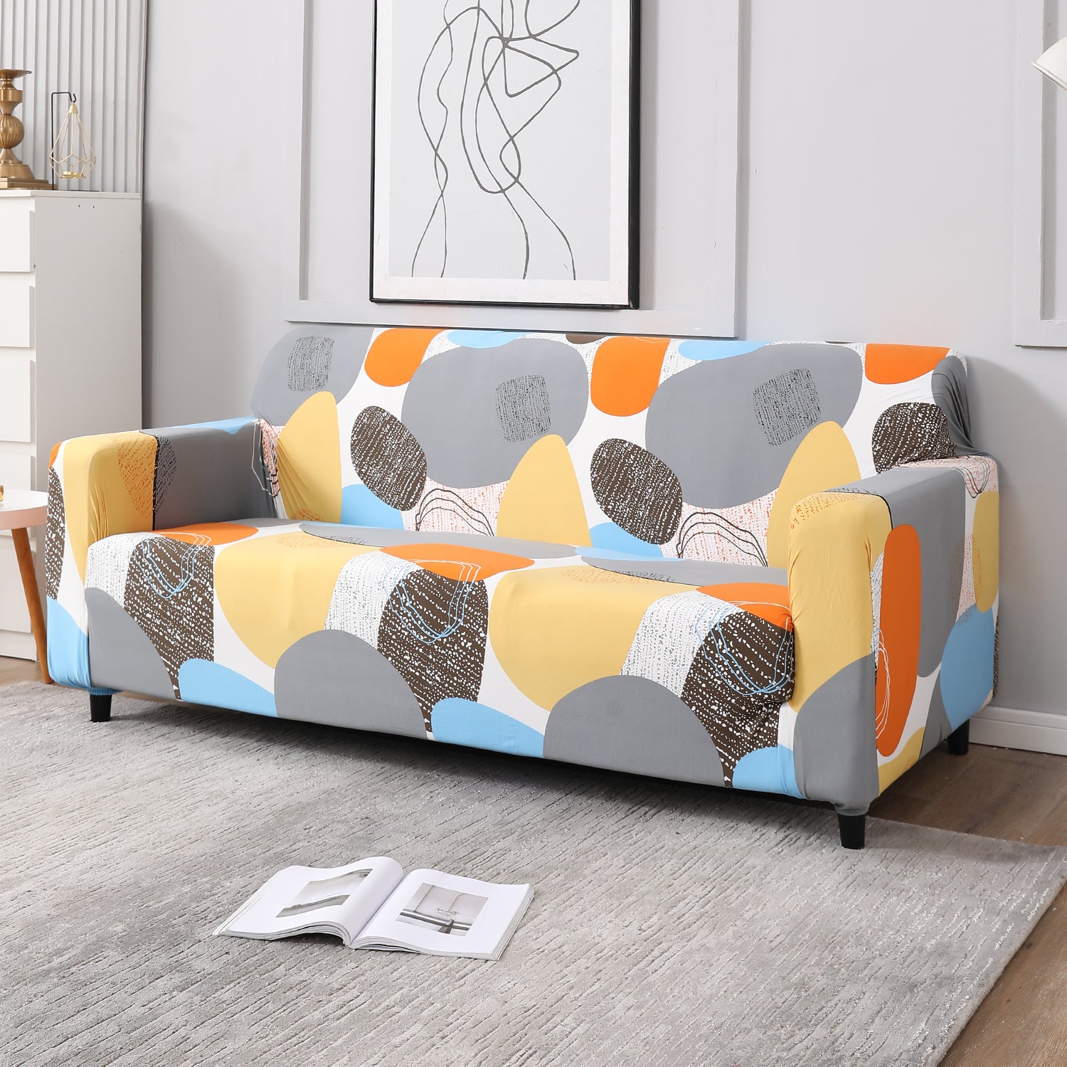 Multicolor Pebbles Print elastic 3 seater sofa cover​s