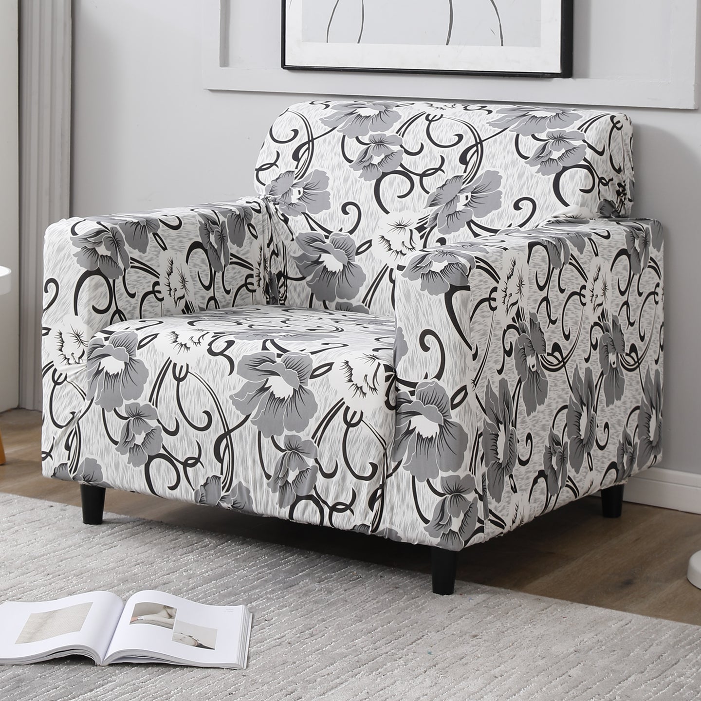 White Grey Flowers Printed stretchable single sofa cover​