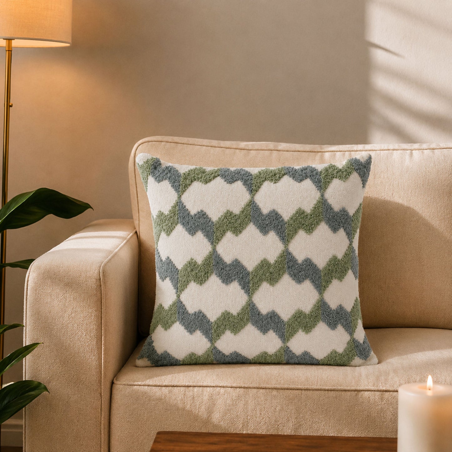 HOKIPO Embroidered Cushion Cover 16x16 Inch for Sofa, Green & Grey