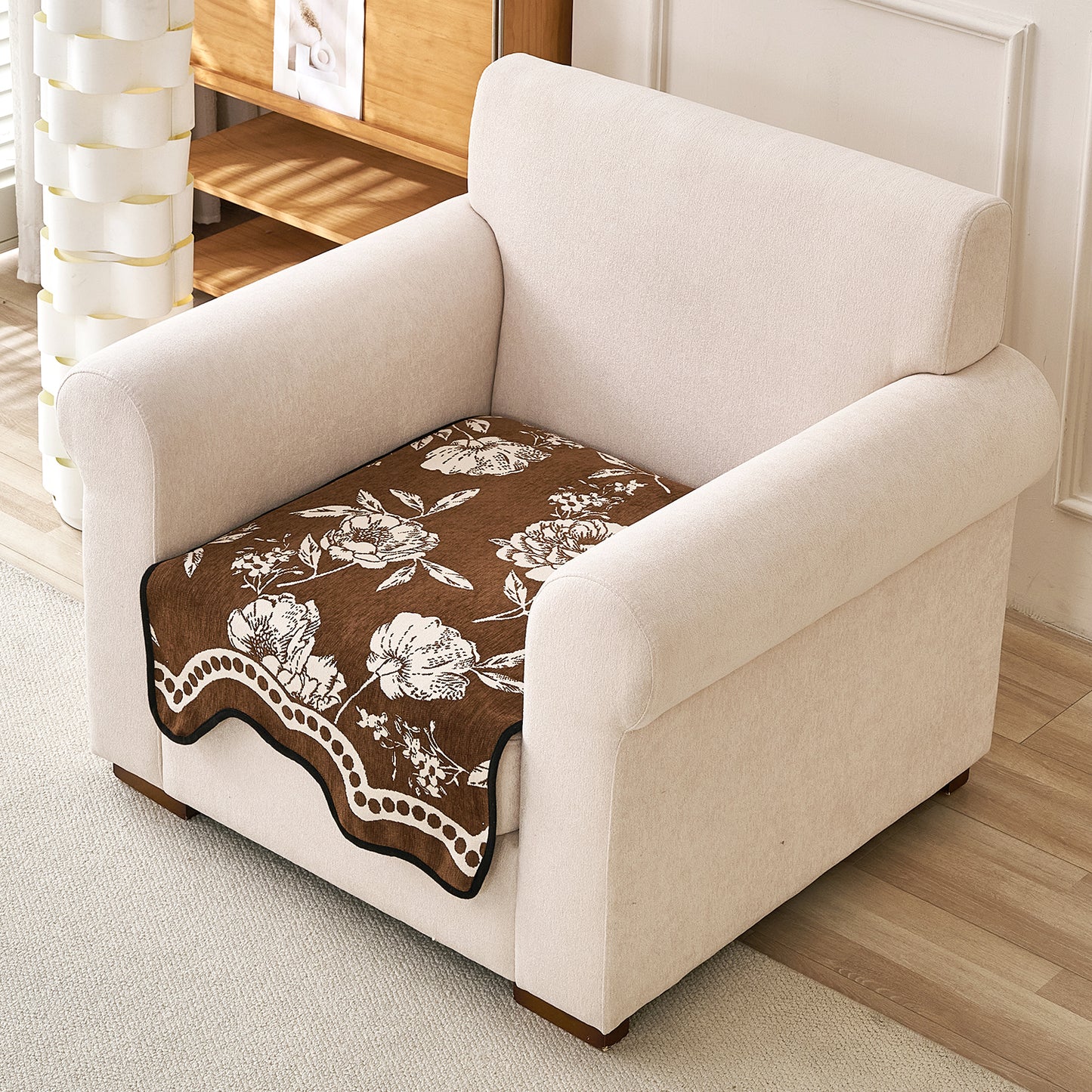 Chenille Sofa Cover Mat with Curvy Edges, 'Retro Curves Series' Sofa Mat, Walnut Brown