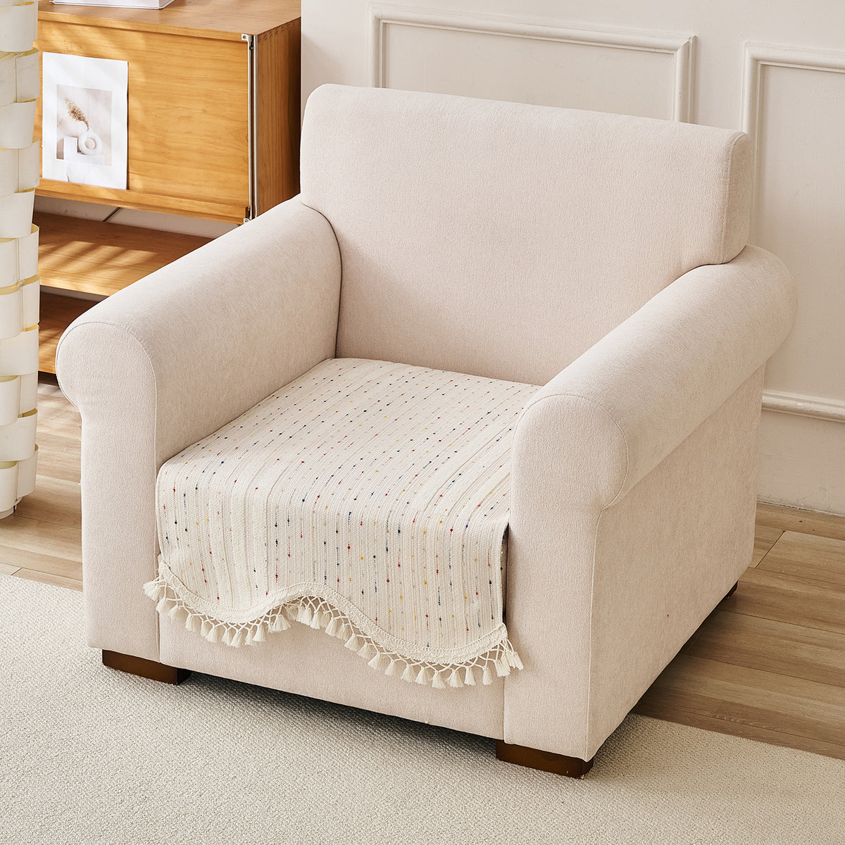 DreamWave Chenille with Tassels Sofa Cover Mat, Latte Beige
