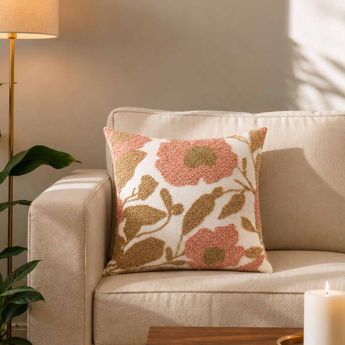 HOKIPO Abstract Floral Tufted Cushion Cover 16x16 Inch for Sofa, Pink & Beige