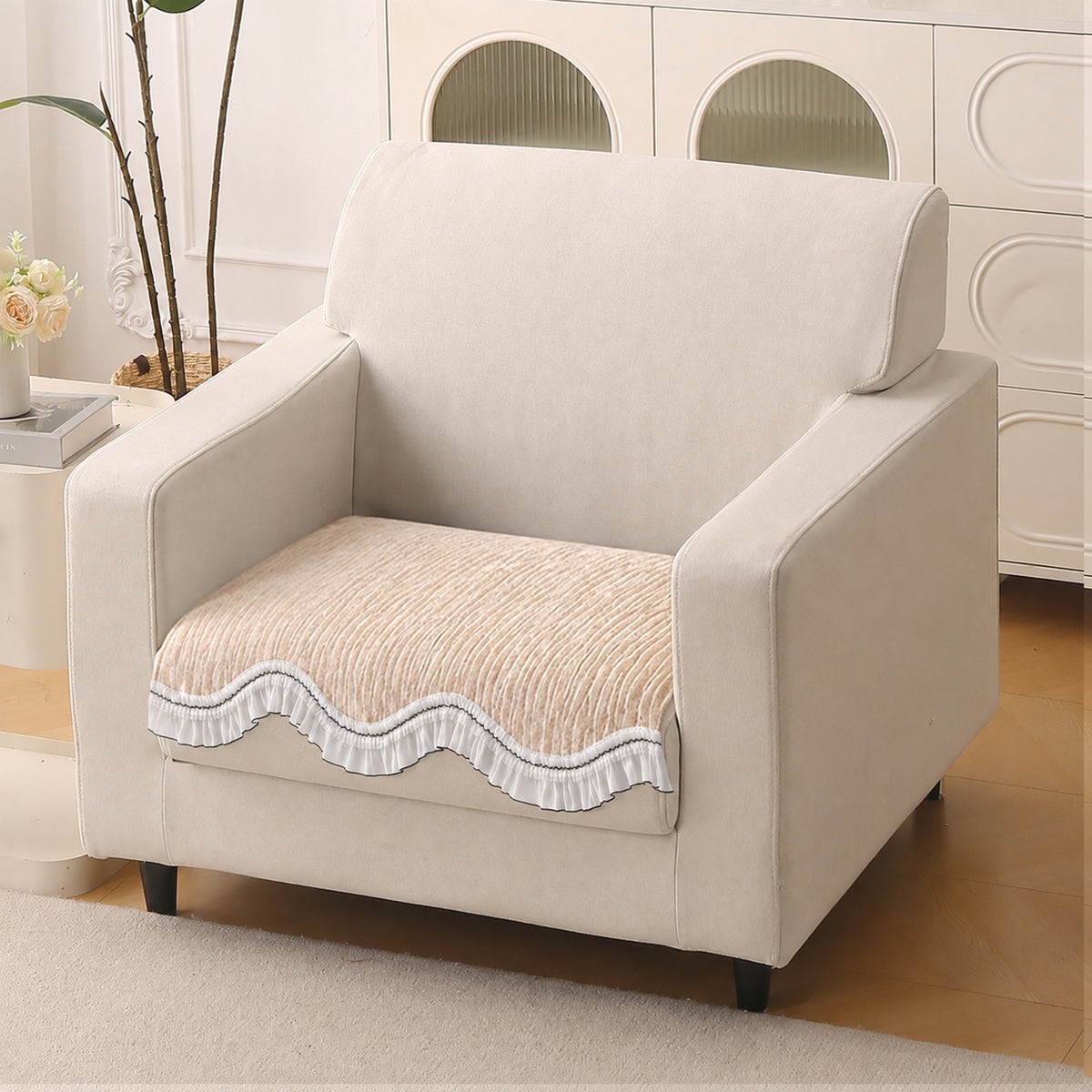 French Lace & Luxe with White Ruffle Edge Sofa Cover Mat, Oakwood Brown