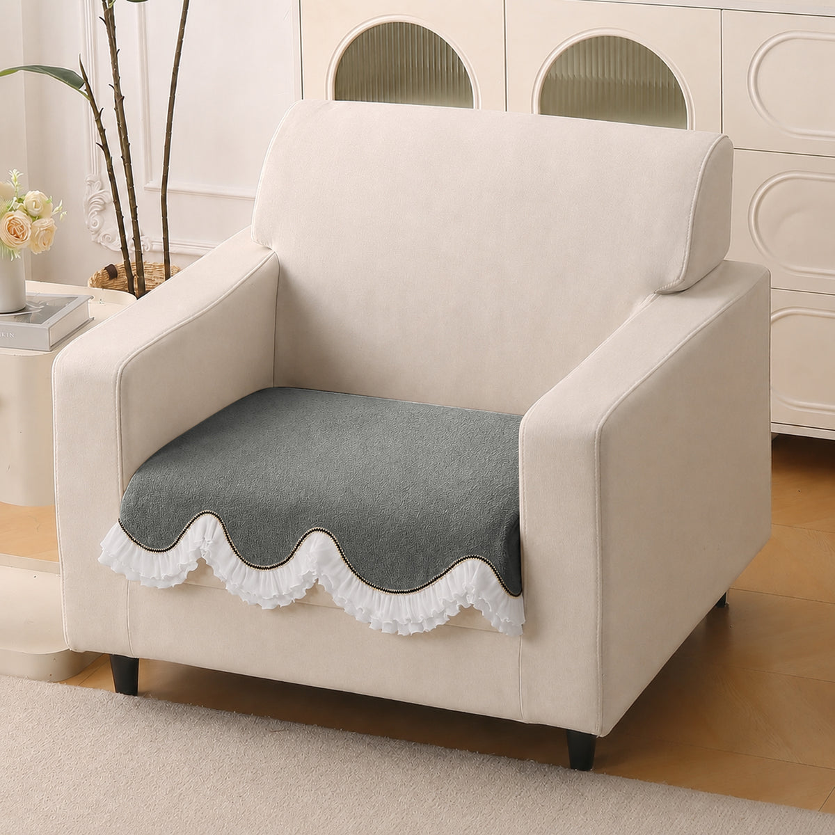 French Classic Frill Wavy Sofa Cover Mat, Moonstone Grey