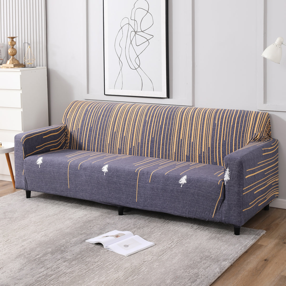 Midnight Blue Lines, non slip, elastic 4 seater sofa cover​s