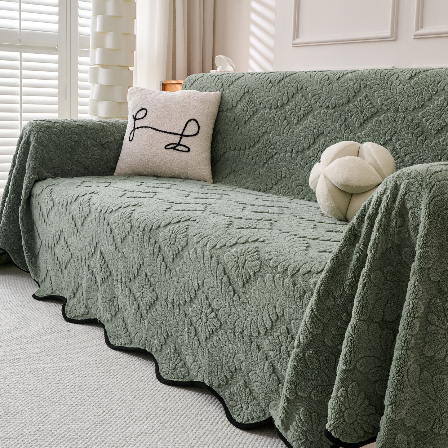 Buy Sage Green Colour Wavy Petal Crest Series Plush Sofa Throw | HOKIPO