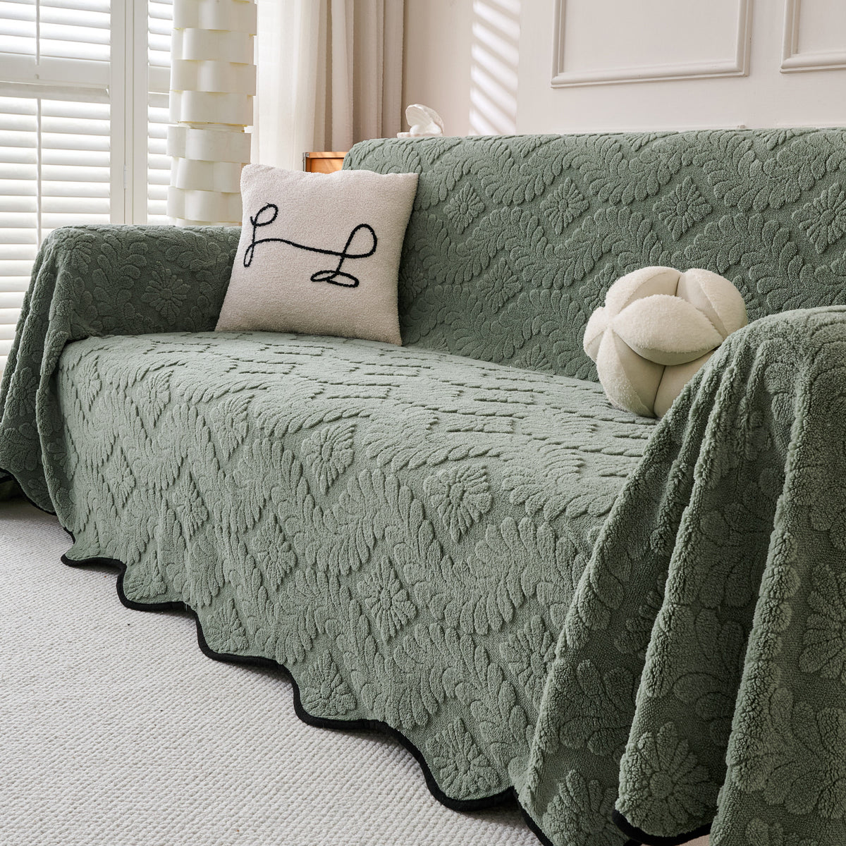 Buy Sage Green Colour Wavy Petal Crest Series Plush Sofa Throw | HOKIPO