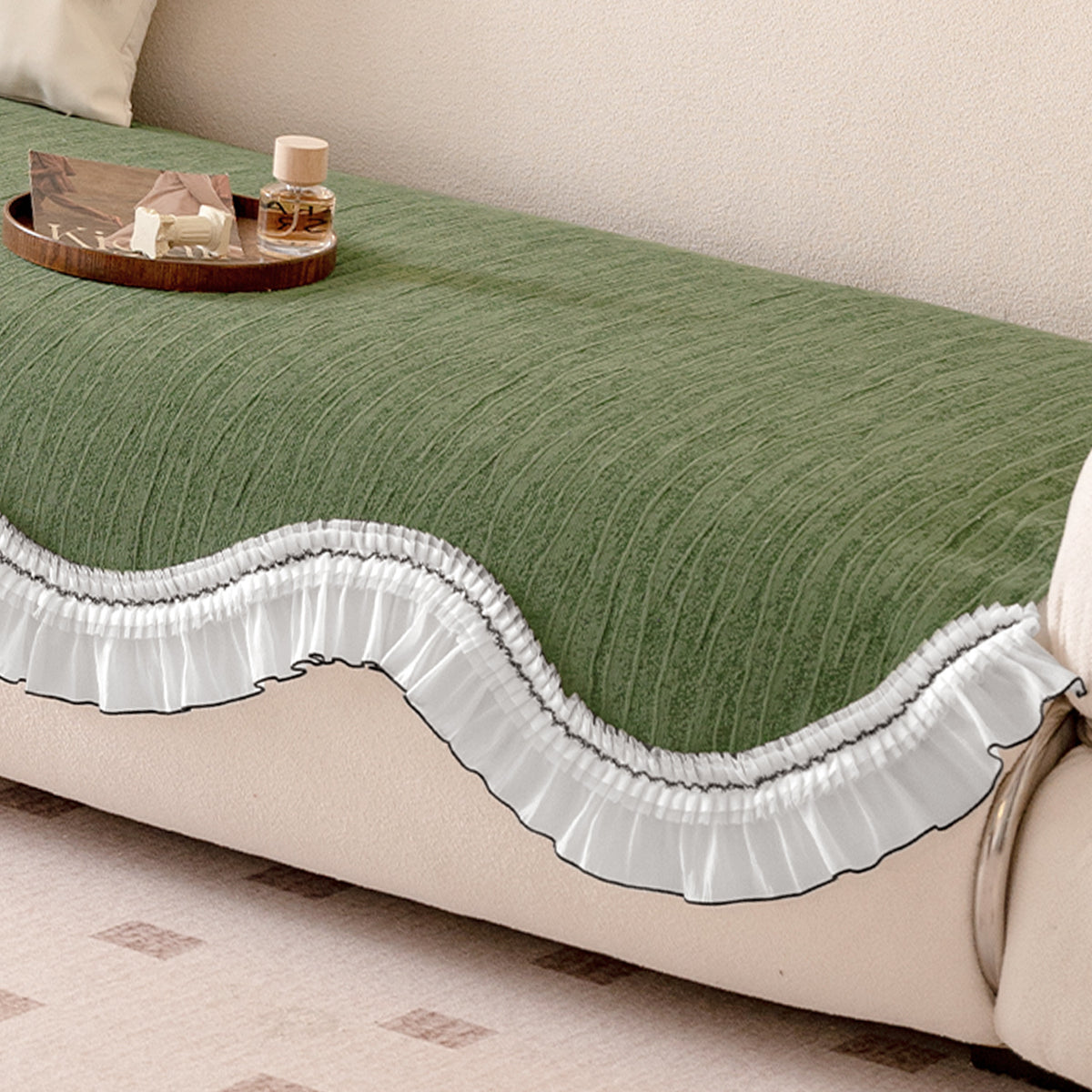 French Lace & Luxe with White Ruffle Edge Sofa Cover Mat, Willow Ash Green