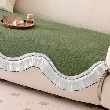 French Lace & Luxe with White Ruffle Edge Sofa Cover Mat, Willow Ash Green