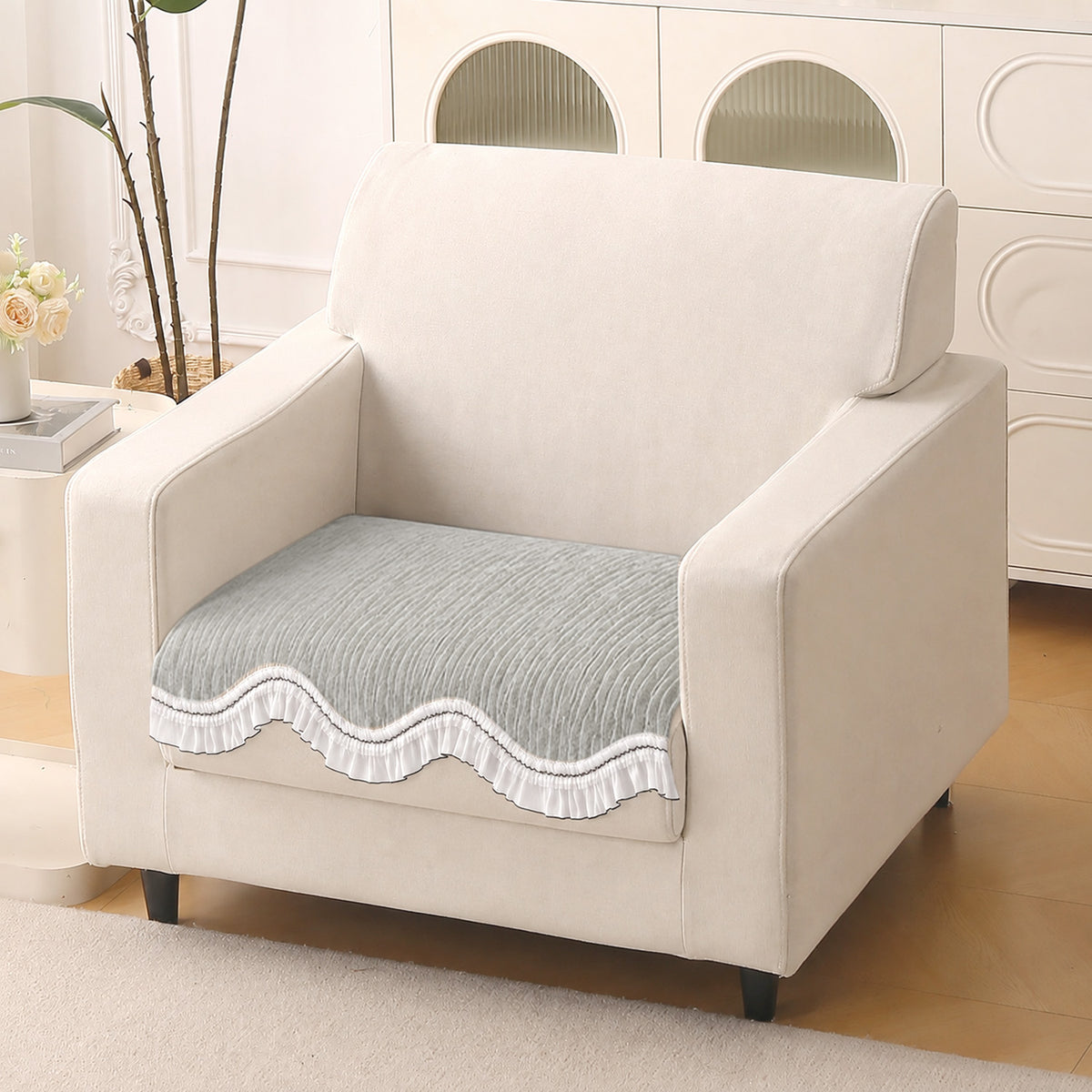 French Lace & Luxe with White Ruffle Edge Sofa Cover Mat, Featherlight Grey - view 8