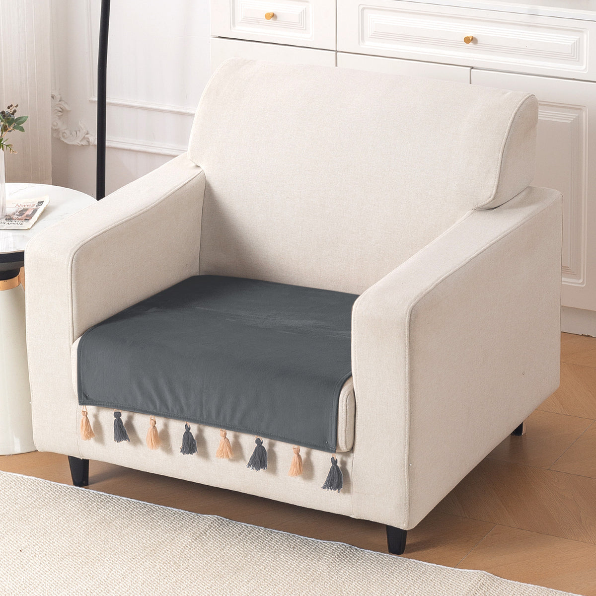 Tassel Tone Holland Velvet Sofa Cover Mat, Graphite Grey
