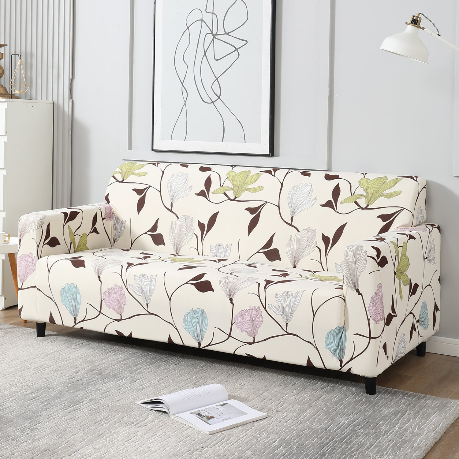 Beige Brown Leaves stretchable 3 seater sofa cover​s