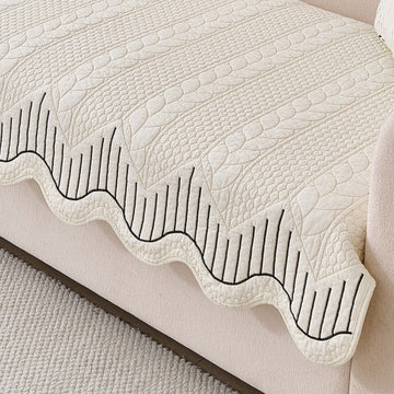 Cotton Reverie with a Curved Wavy Edge Sofa Mat, Midnight Cream