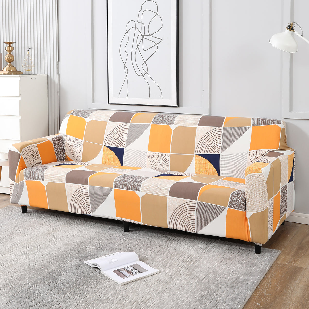 Square Abstract, non slip, elastic 4 seater sofa cover​s