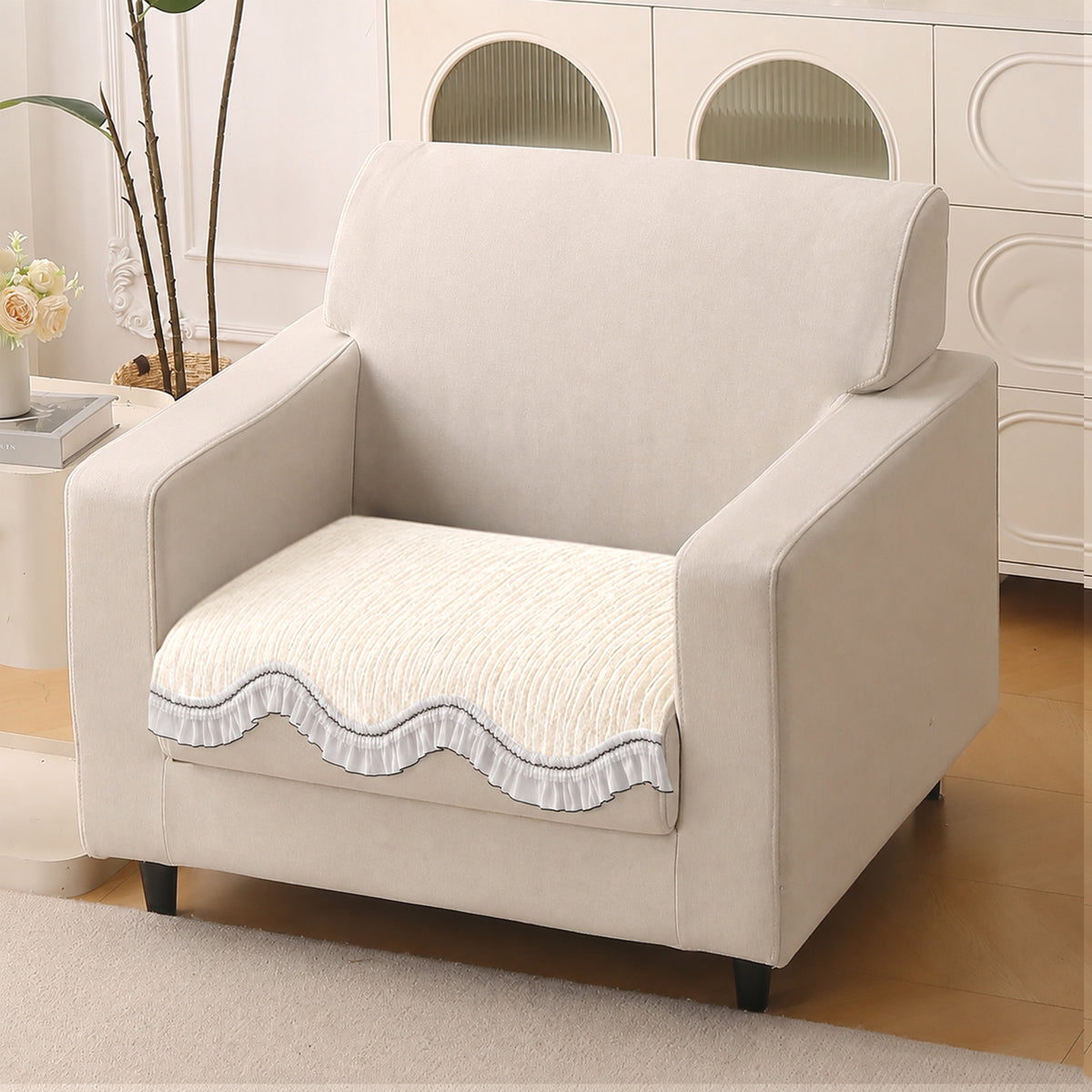 French Lace & Luxe with White Ruffle Edge Sofa Cover Mat, Pearl Sheen White
