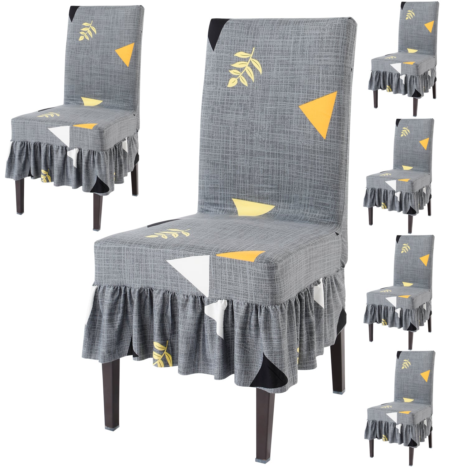 Elastic Stretchable Dining Chair Cover with Frill, Grey Triangle