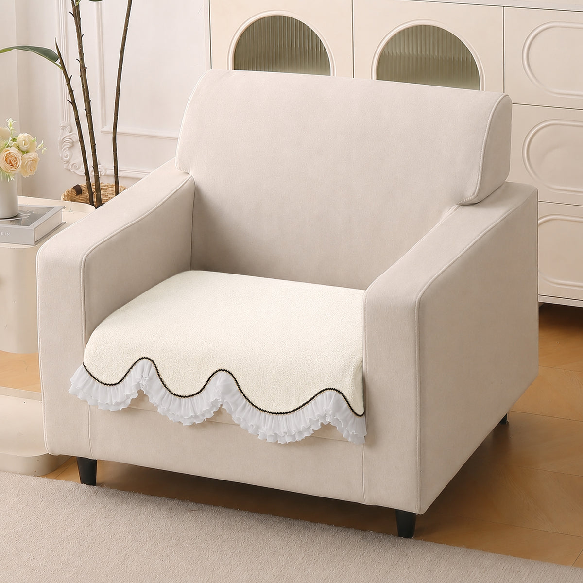 French Classic Frill Wavy Sofa Cover Mat, Snow White Ivory
