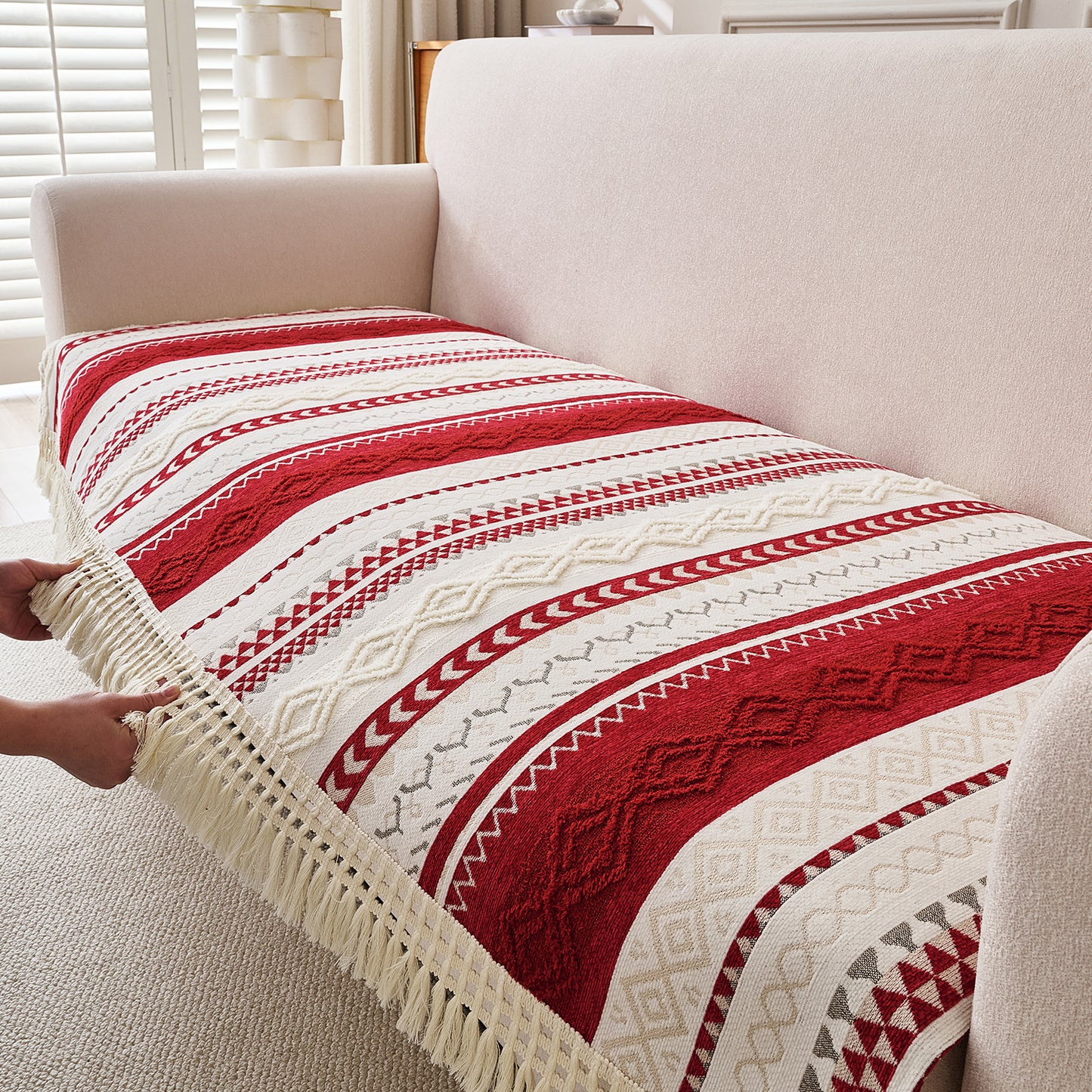 Nordic Boho Geometric Sofa Cover Mat with Tassel, 'Nordic Tassel Series'  Ruby Cream