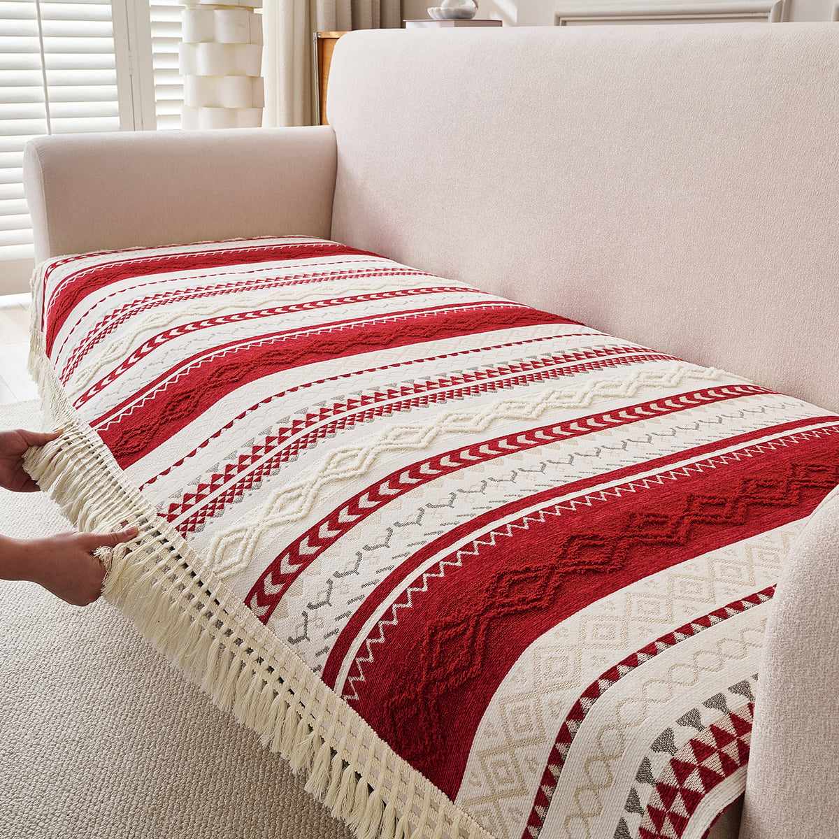 Nordic Boho Geometric Sofa Cover Mat with Tassel, 'Nordic Tassel Series'  Ruby Cream