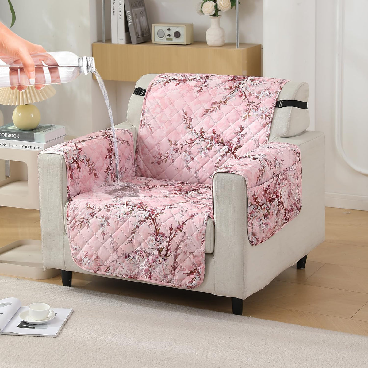 Blossom Flower Pink print 1 seater quilted waterproof sofa cover | Hokipo