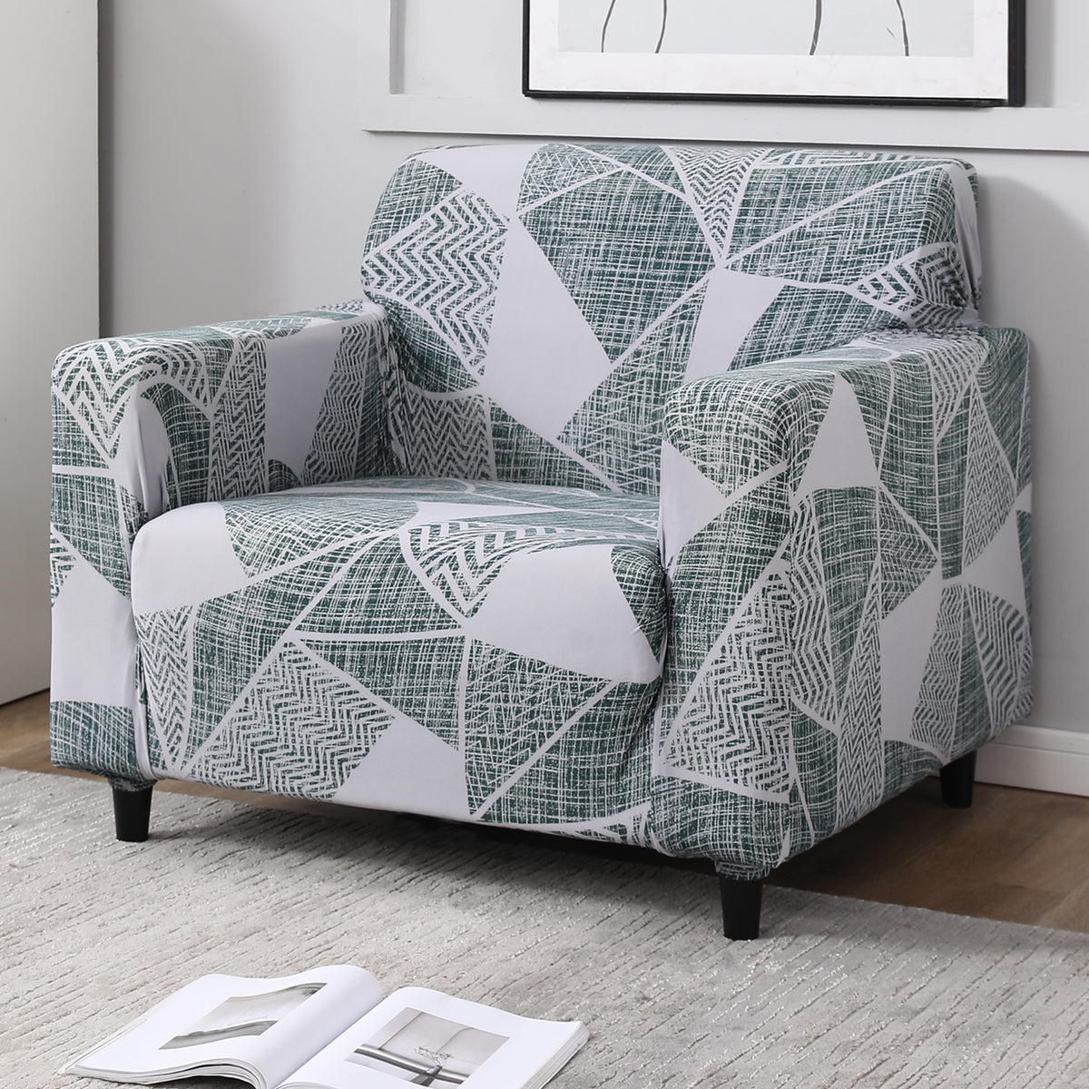 Grey Geometric Abstract Print stretchable single sofa cover​ 
