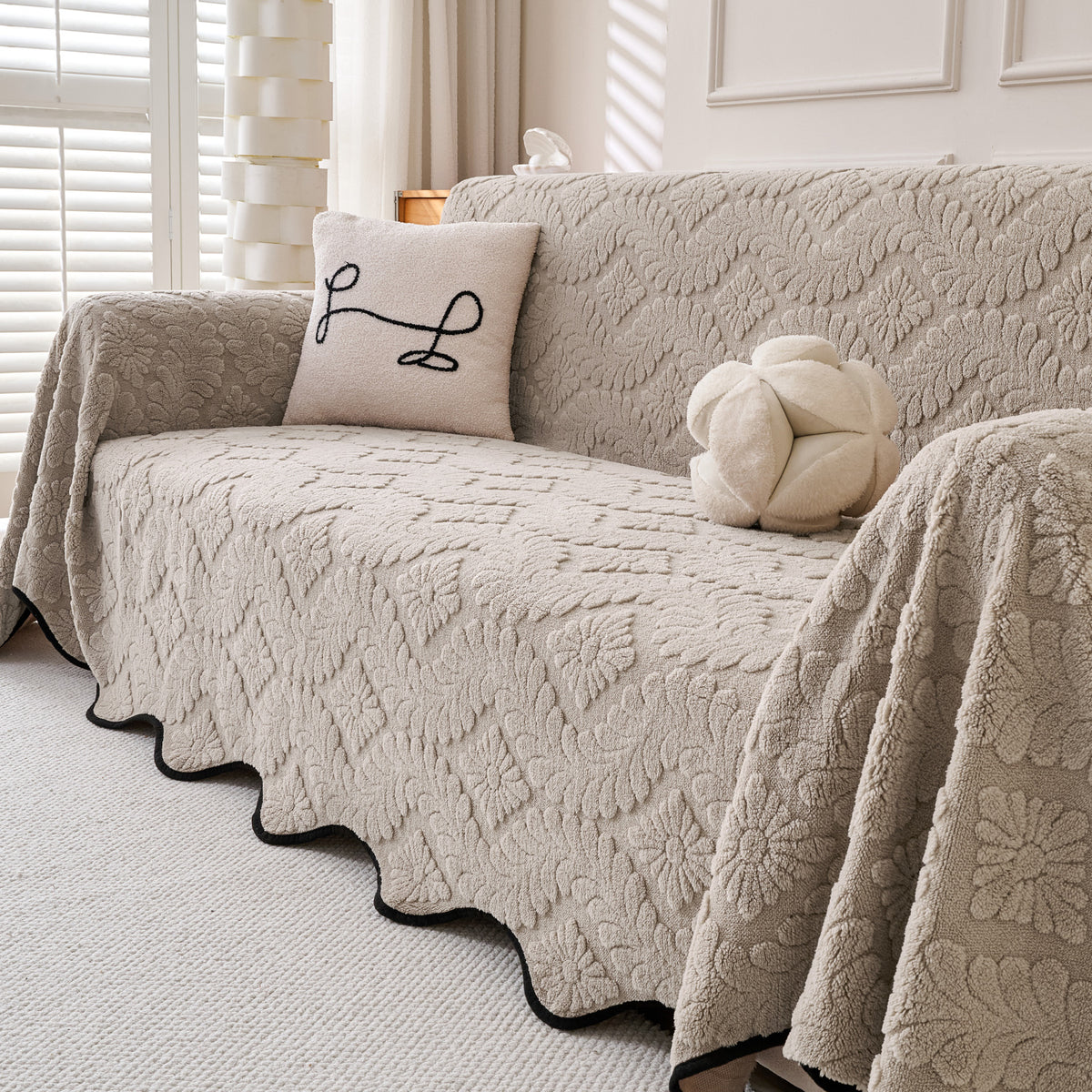 Buy Soft Brown Colour Wavy Petal Crest Series Plush Sofa Throw Cover – 2 Seater Sofas | HOKIPO