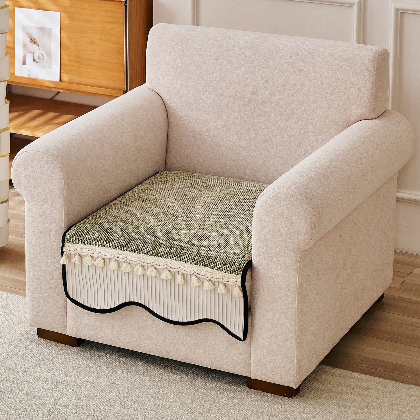 Thick Woven Weave Chenille Sofa Cover with Tassel|'Wavy Royale Series' Sage Green