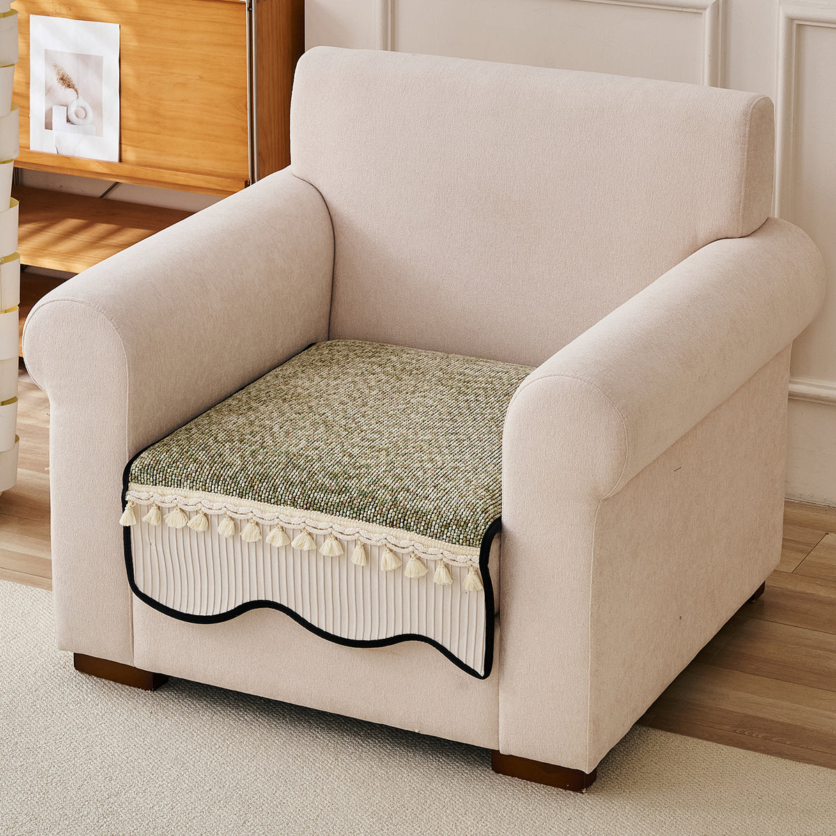 'Wavy Royale Series' Thick Woven Weave Chenille Sofa Cover with Tassel, Sage Green
