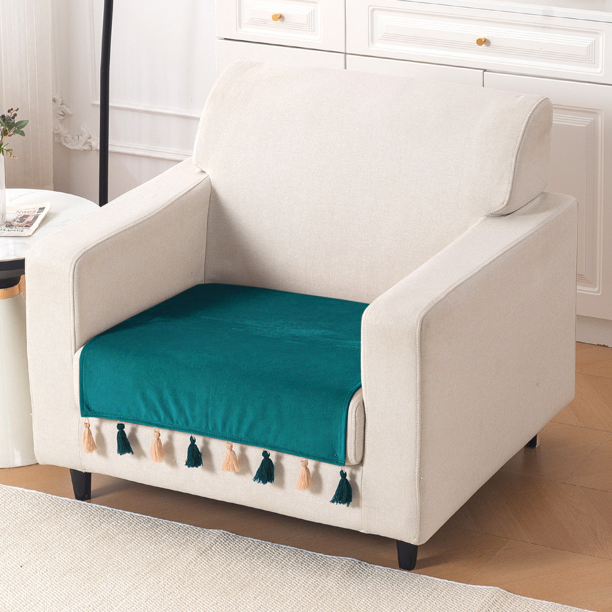 Tassel Tone Holland Velvet Sofa Cover Mat, Teal