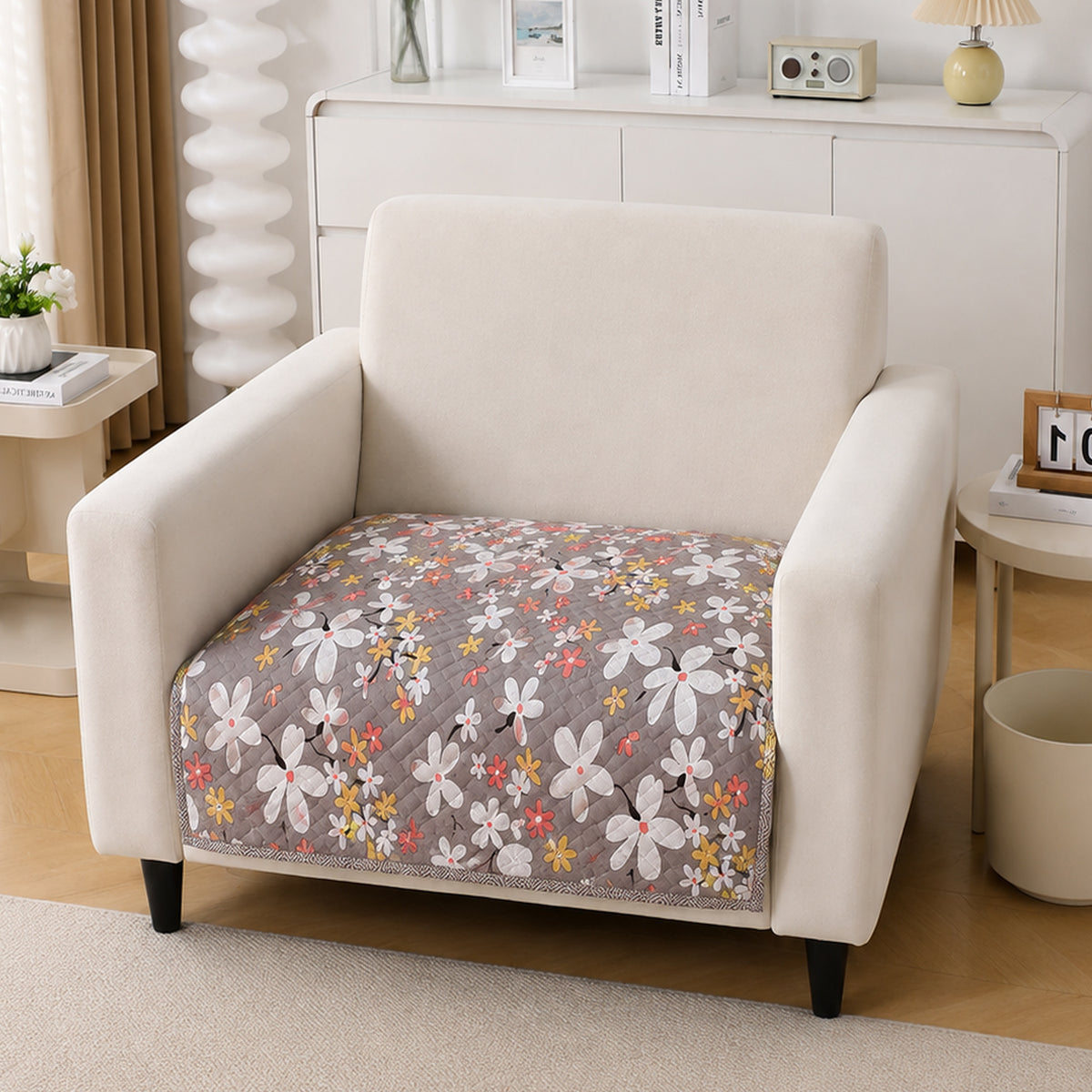 'Homehues' Printed Quilted Sofa Cover Mats, Pastel Brown Sandwort Flower