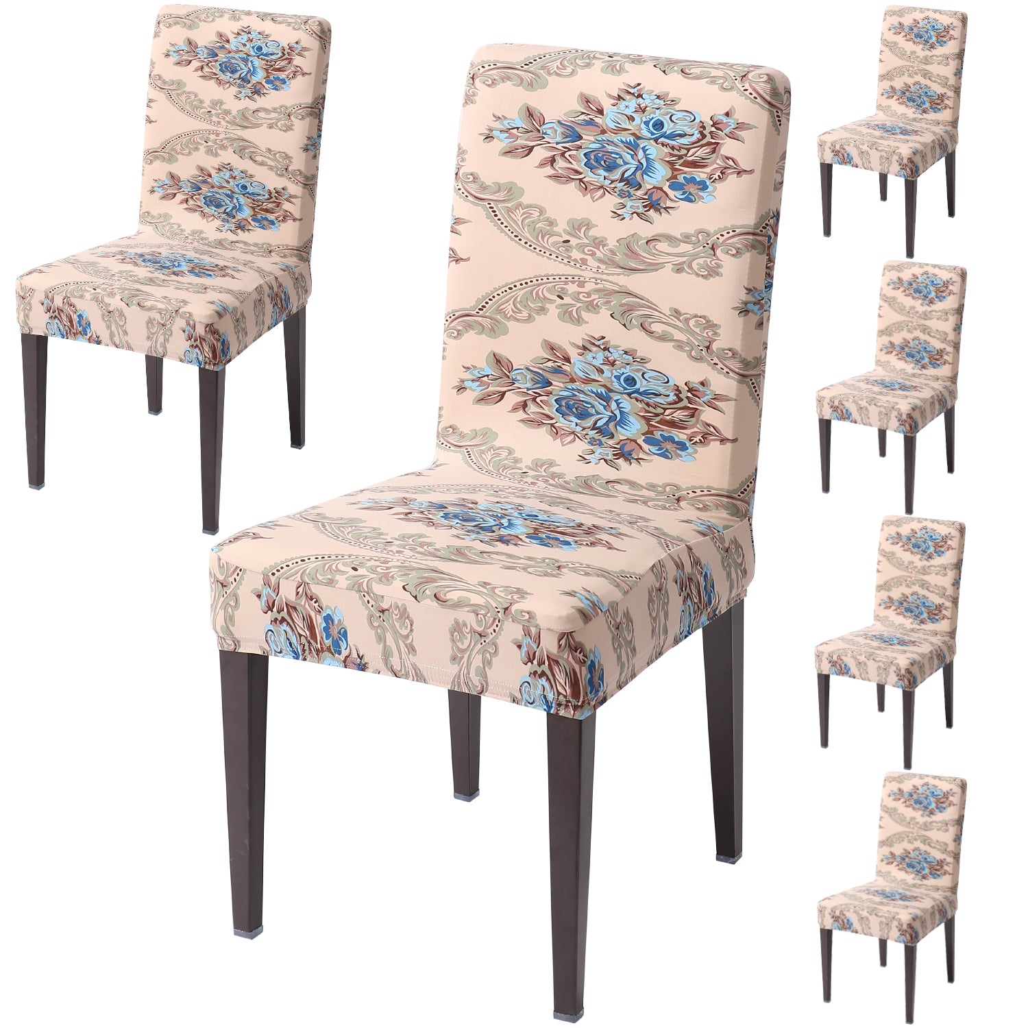 Elastic Stretchable Dining Chair Cover, Beige Blue Flowers