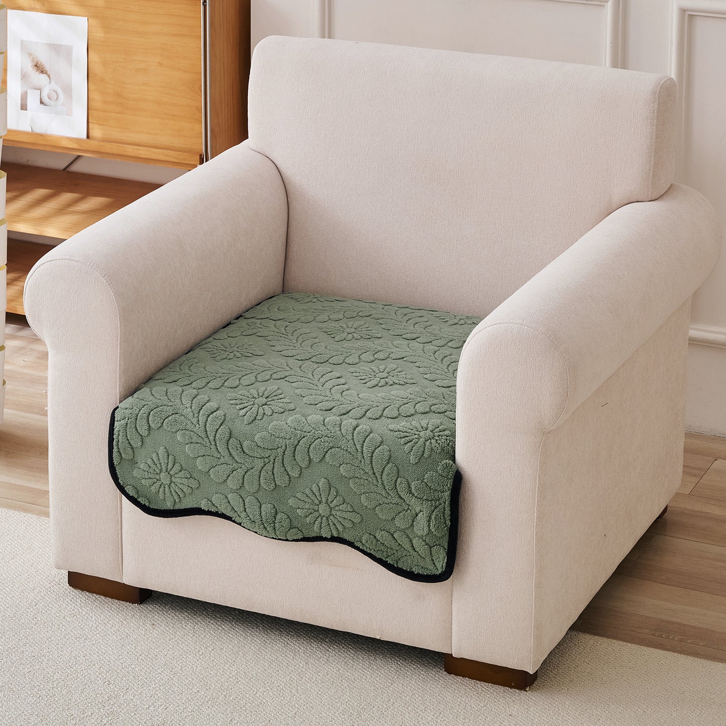 Embossed Floral Jacquard Anti-Slip Sofa Cover Mat, 'Wavy Petal Crest Series' Sage Green