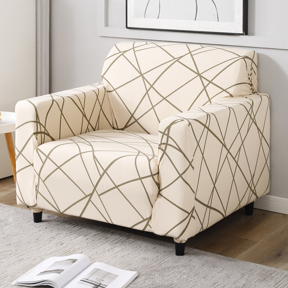 Beige Abstarct Lines Print non slip elastic 1 seater sofa cover​