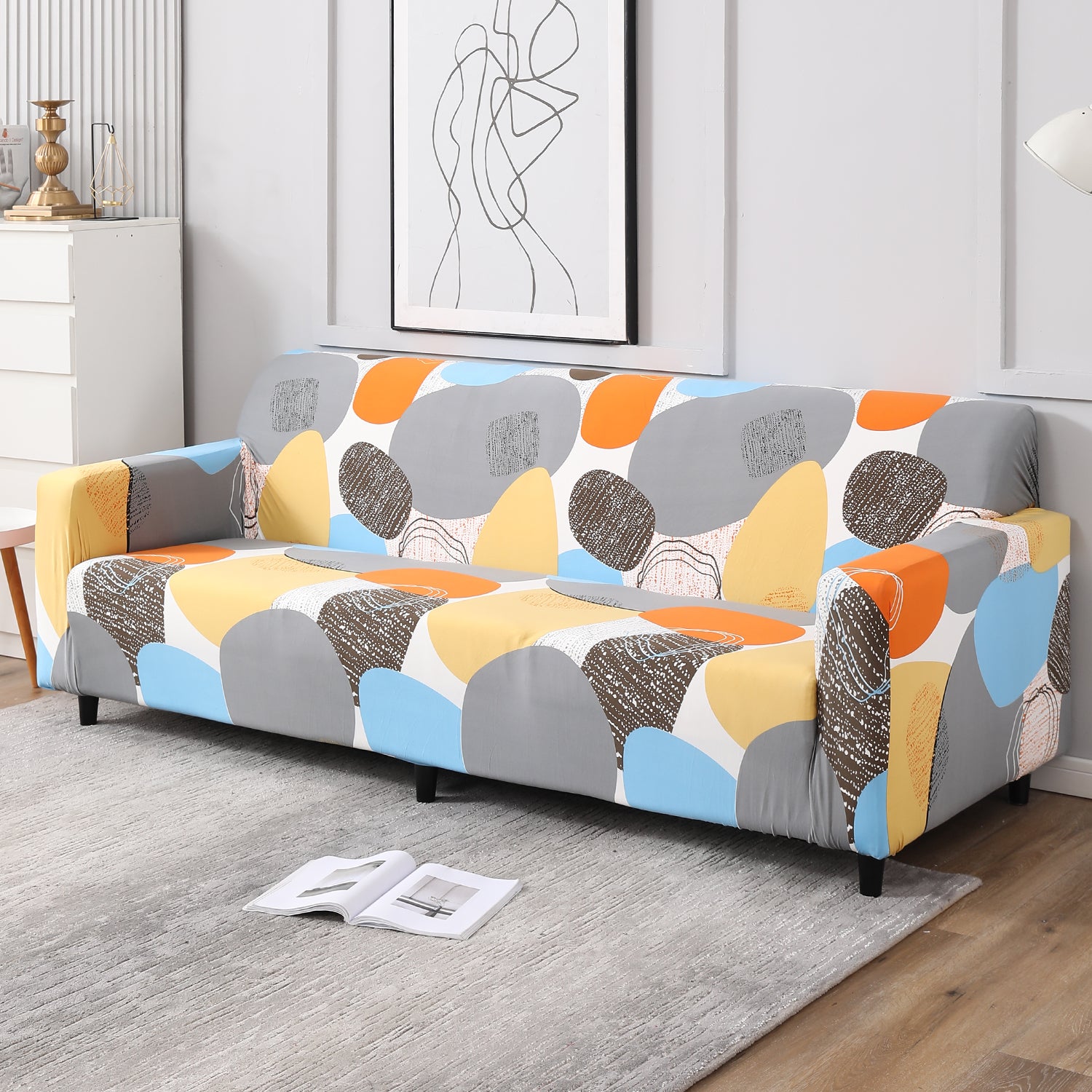Multicolor Pebbles Print, non slip, Stretchable 4 seater sofa cover​s
