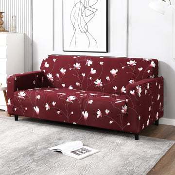 wine red floral print elastic 3 seater sofa cover​ 