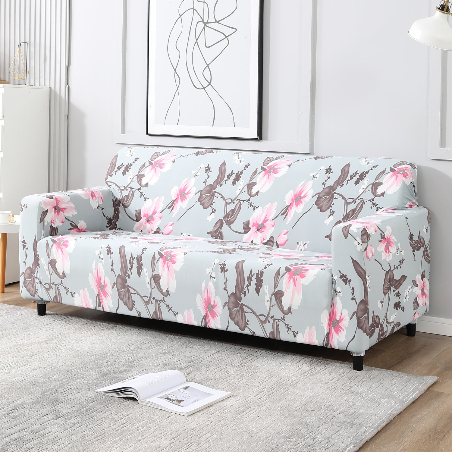 Bluish Grey   Printed stretchable 3 seater floral sofa cover​s