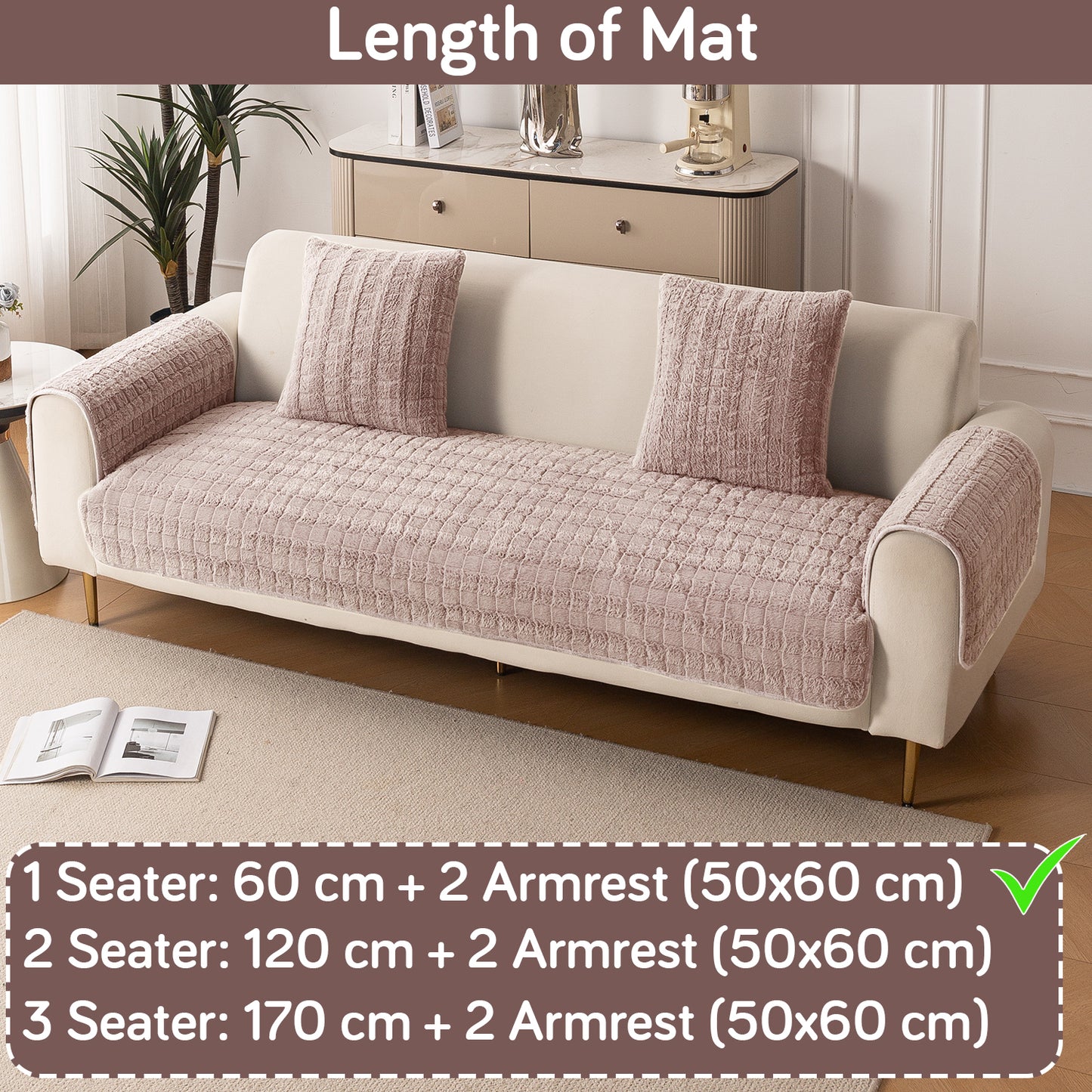 Luxury Plush Anti Slip Sofa Cover Mat with 2 Arm Cover, Beige