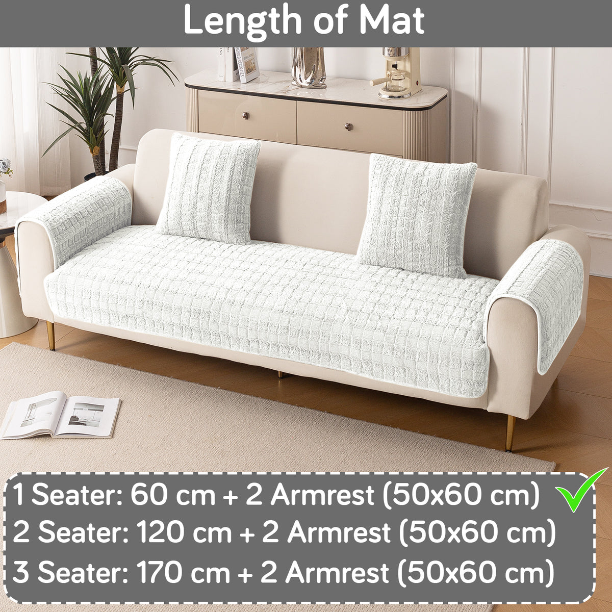 Premium Plush Sofa Cover Mat with 2 Armrest Cover, White