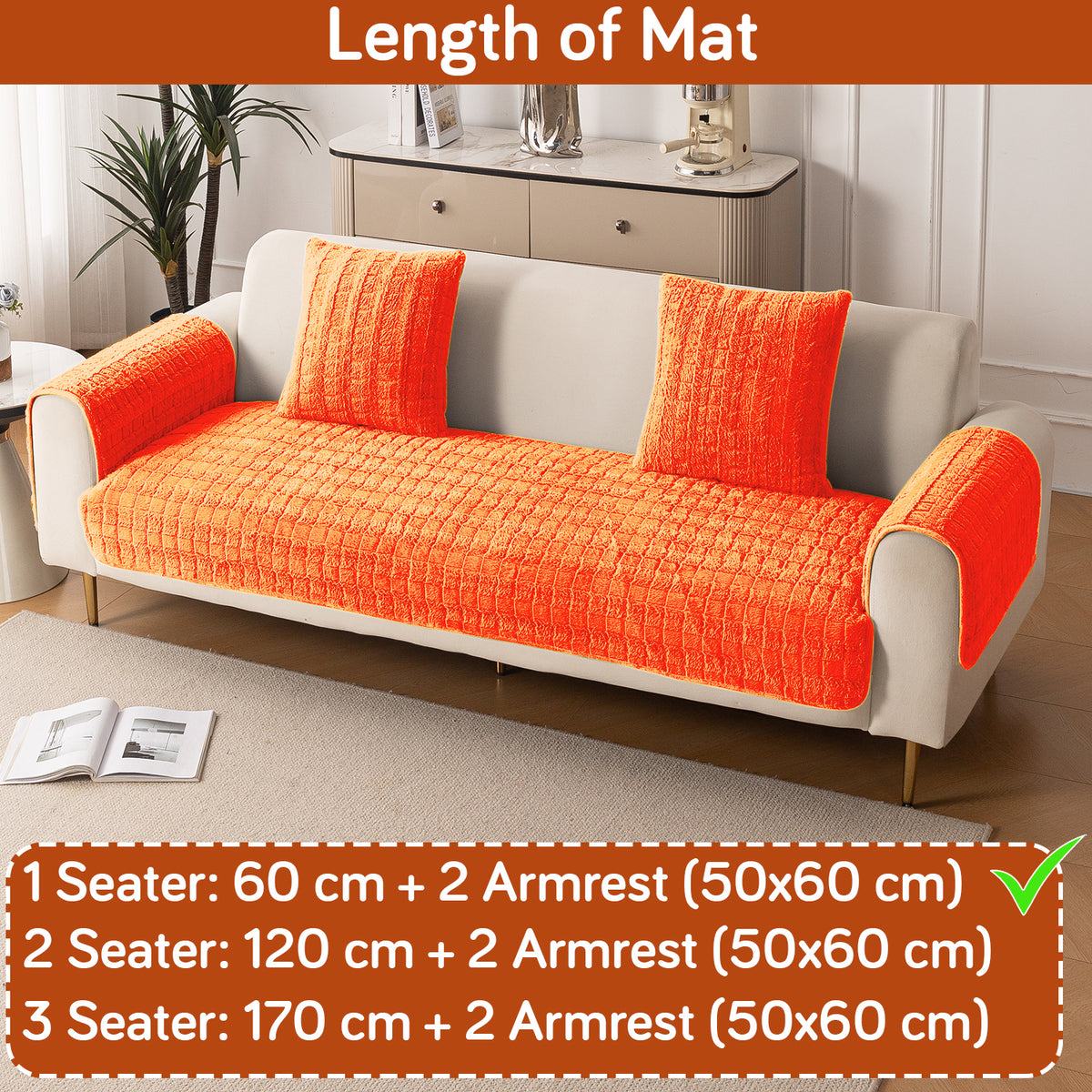Premium Plush Sofa Cover Mat with 2 Arm Cover, Orange