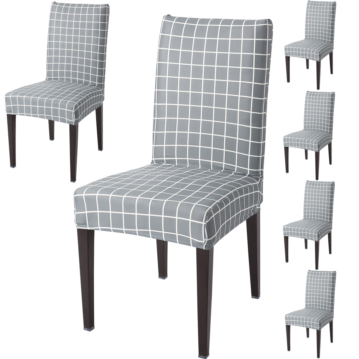 Elastic Stretchable Dining Chair Cover, Grey Checks