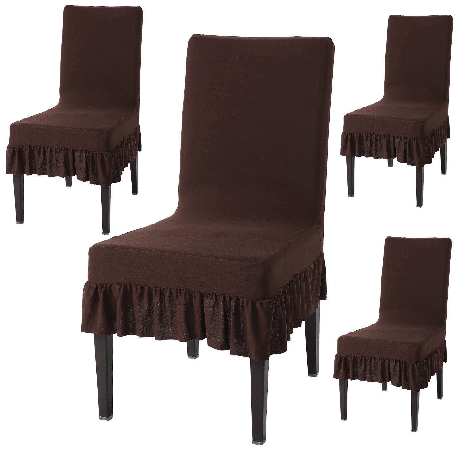 Elastic Stretchable Dining Chair Cover with Frill, Chocolate Brown