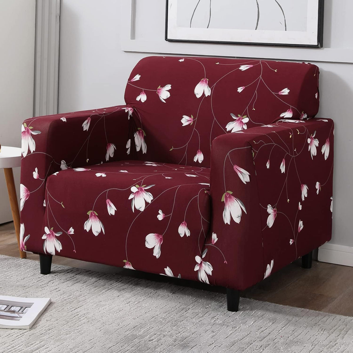 wine red floral print single sofa cover​