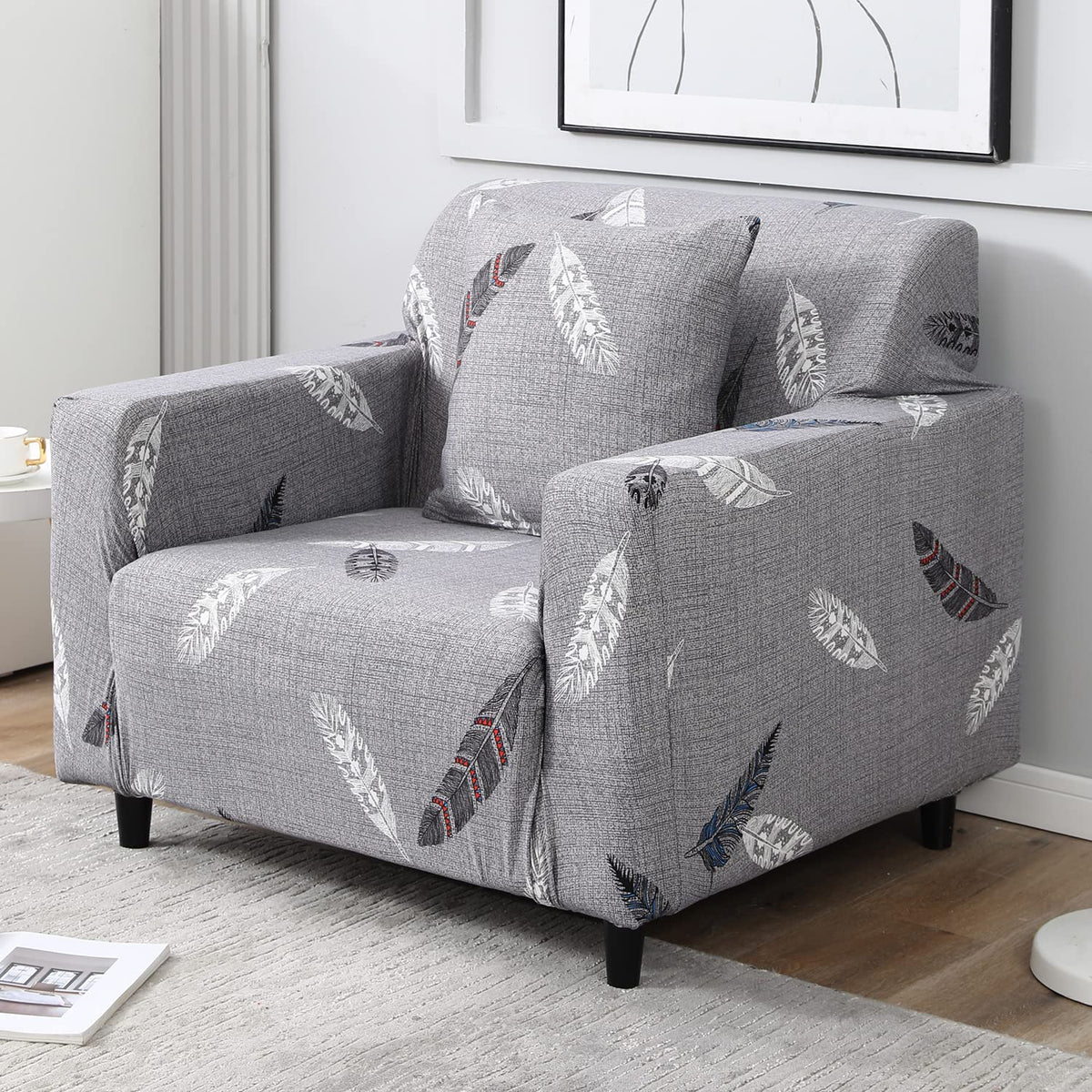 Grey colour feather print non slip elastic 1 seater sofa cover​ 
