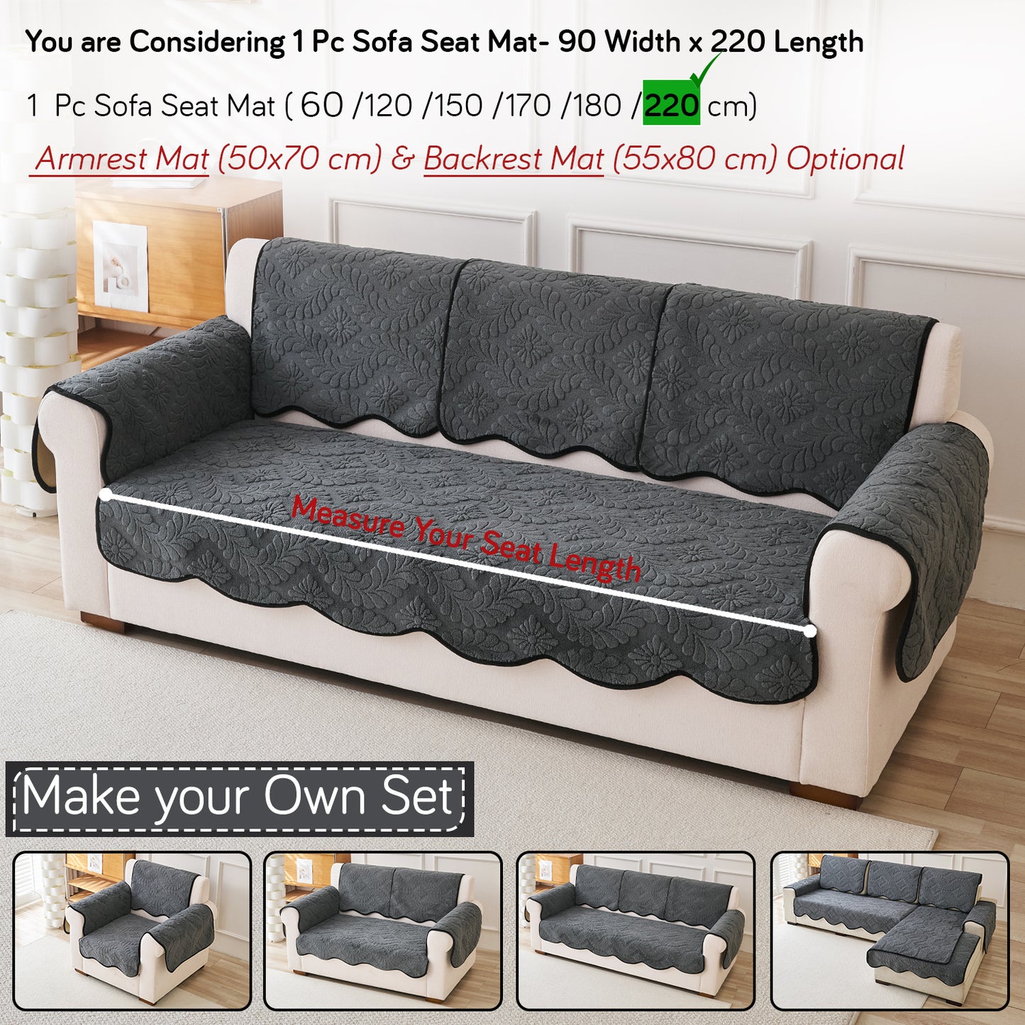 Embossed Floral Jacquard Anti-Slip Sofa Cover Mat, 'Wavy Petal Crest Series' Charcoal Grey