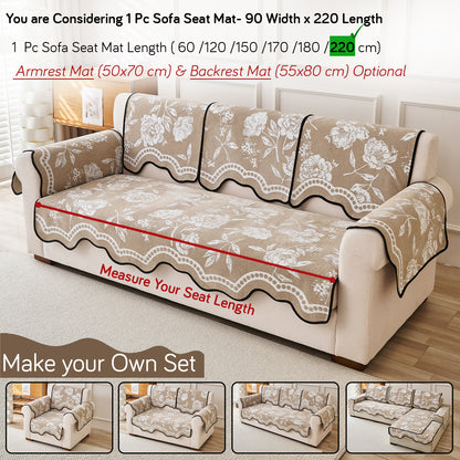 Chenille Sofa Cover Mat with Curvy Edges, 'Retro Curves Series' Sofa Mat, Sand Beige