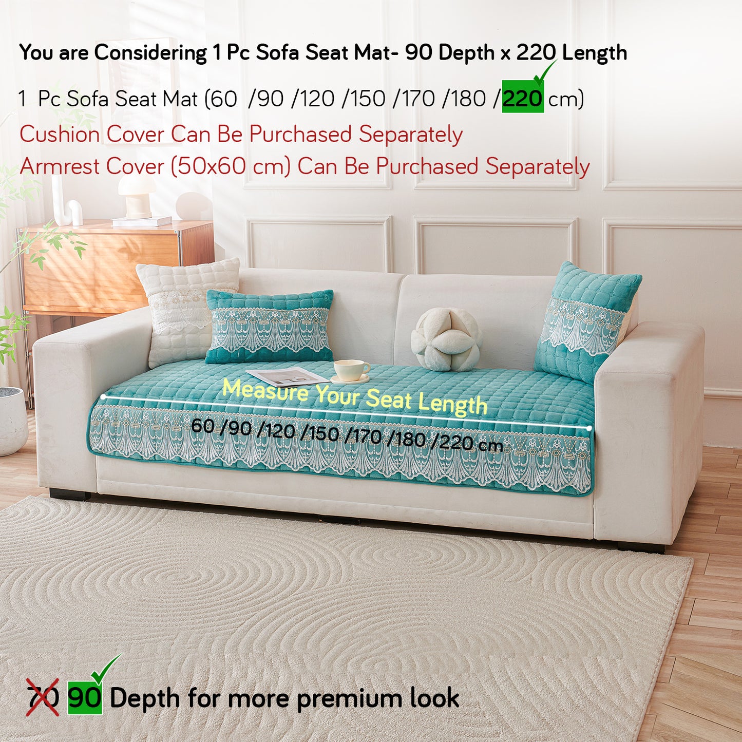BelleLace Series Imperial Milk Velvet Sofa Cover Mat with Lace Design - Teal