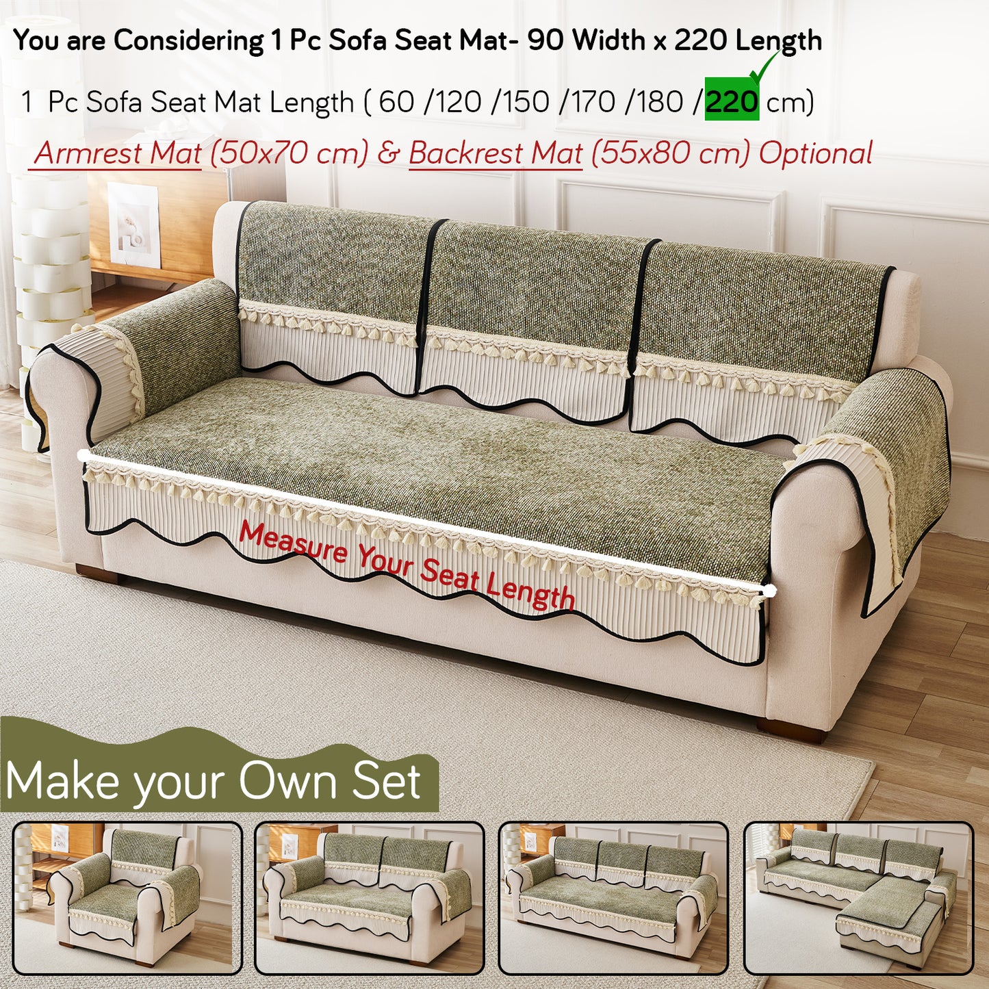Thick Woven Weave Chenille Sofa Cover with Tassel|'Wavy Royale Series' Sage Green