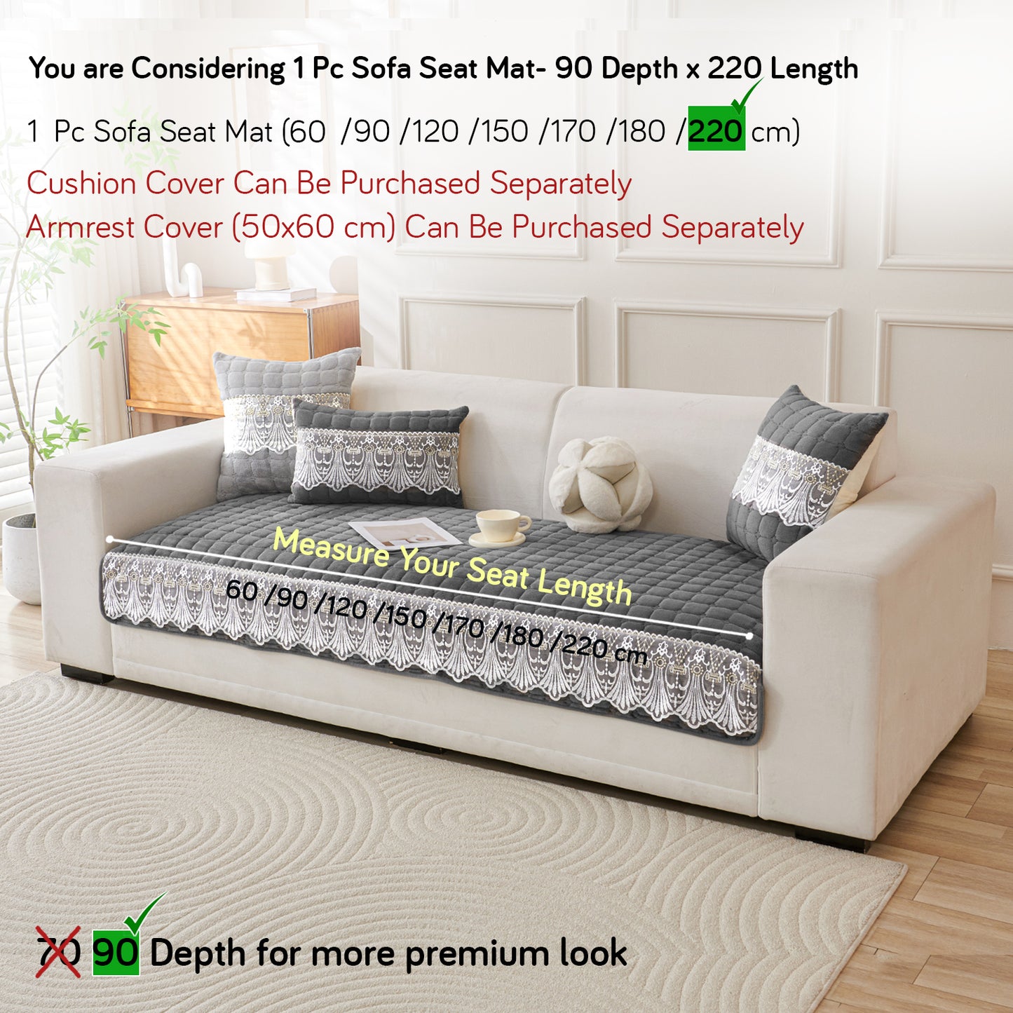 BelleLace Series Imperial Milk Velvet Sofa Cover Mat with Lace Design - Porpoise Grey