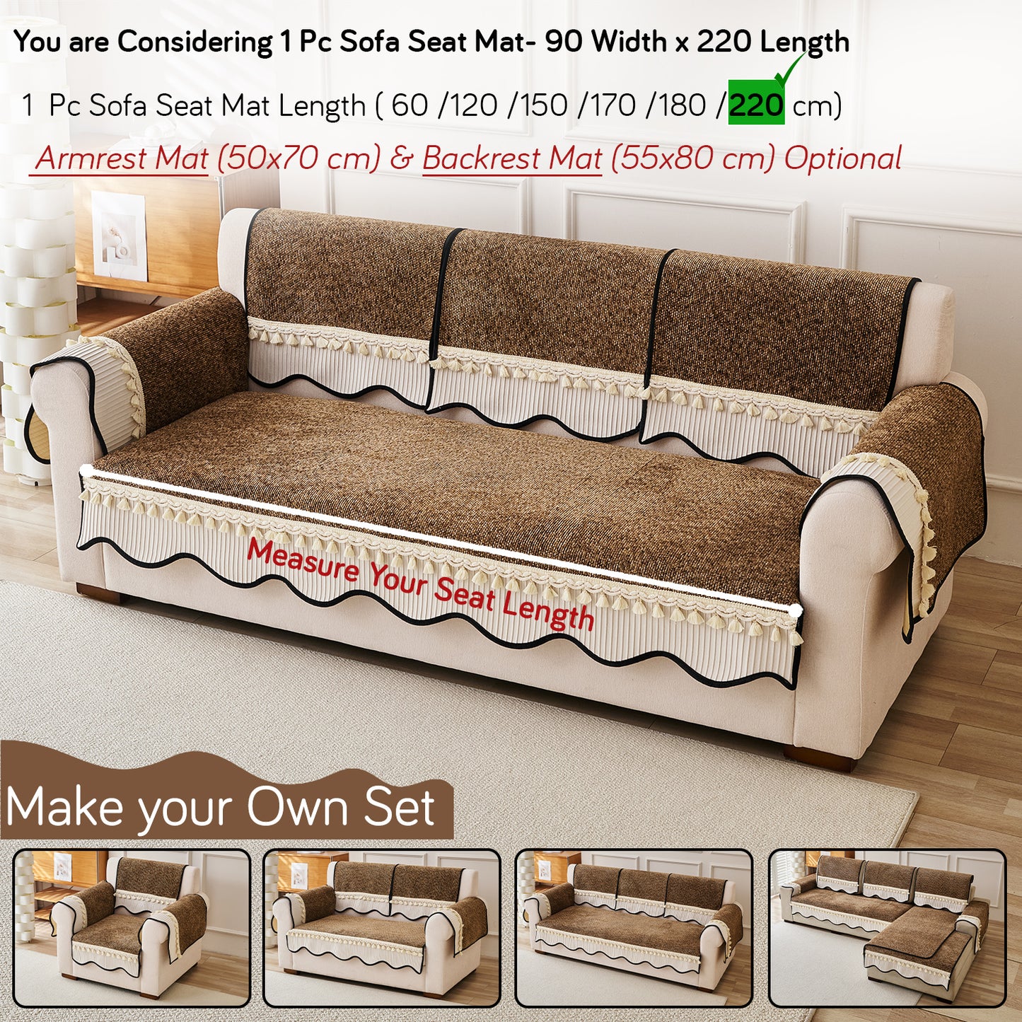 Thick Woven Weave Chenille Sofa Cover with Tassel|'Wavy Royale Series' Chestnut Brown