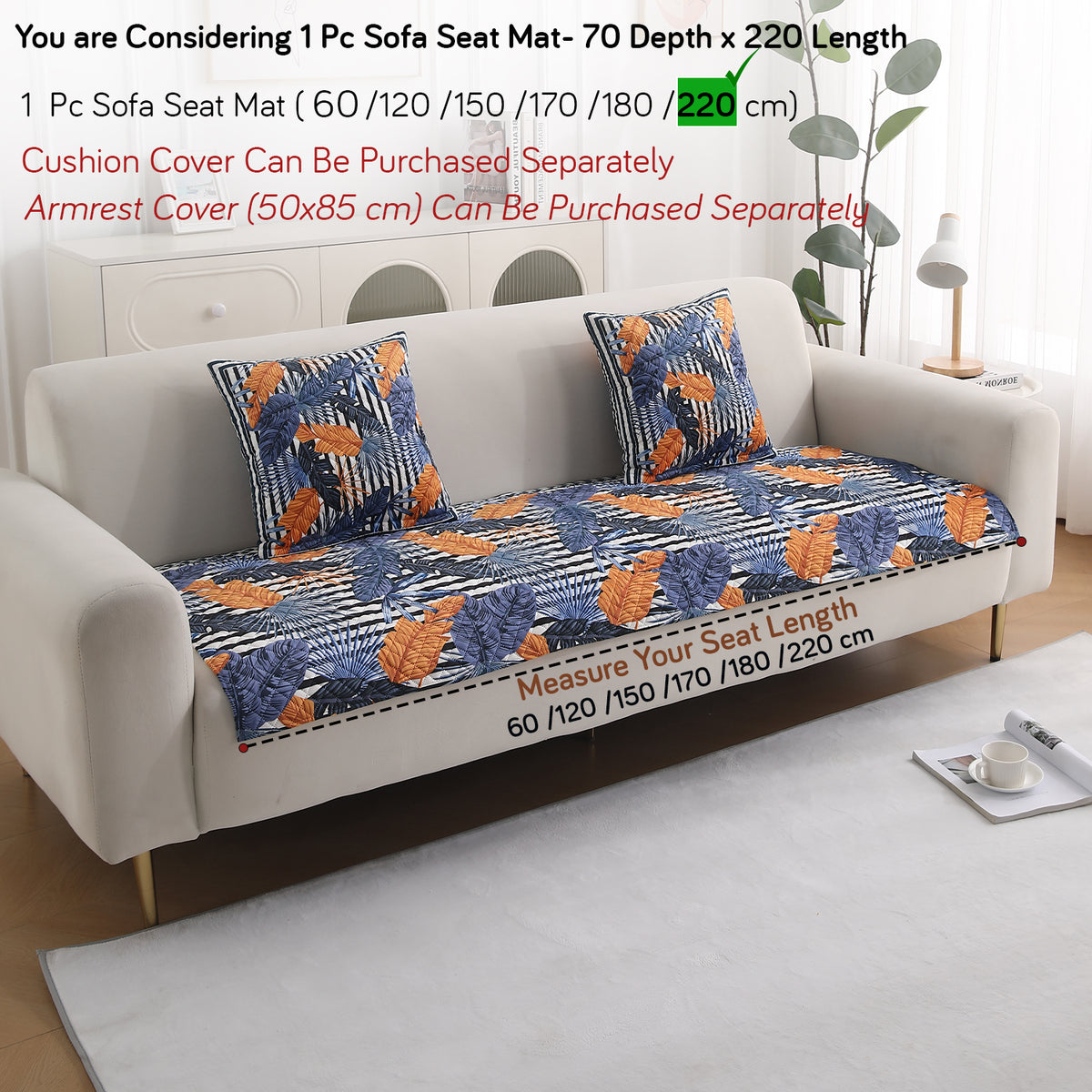 LiefNest Holland Velvet Sofa Cover Mat with Foam Filling - Tropical Leaves Dusk Blue